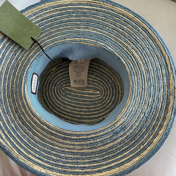 NWT GUCCI BLUE STRAW STRIPED HAT BOATER 100% Authentic Size M - Picture 8 of 10